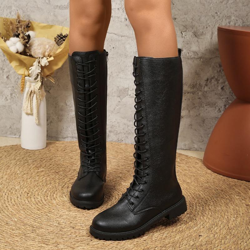 Winter New Thick Heel Single Boots Women's Round Head Splicing Front Strap Soft Sole Anti-slip Wear-resistant High Boots