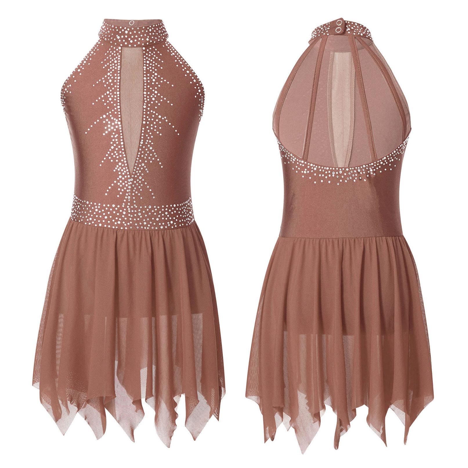 

Діти, дівчата, фігурне катання, танцювальна сукня без рукавів, блискуча сітчаста купальник зі стразами, балетна гімнастика, ліричні сукні 9-10 Years коричневий