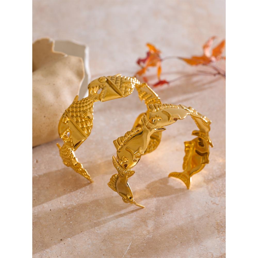Eetit Adjustable 18K PVD Plated Metal Fish Shark Cuff Summer Bracelet Bangle Stainless Steel Beach Holiday Golden Jewelry