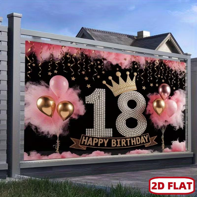 2D Outdoor 18th Birthday Backdrop with Crown & Balloons for Girls Party