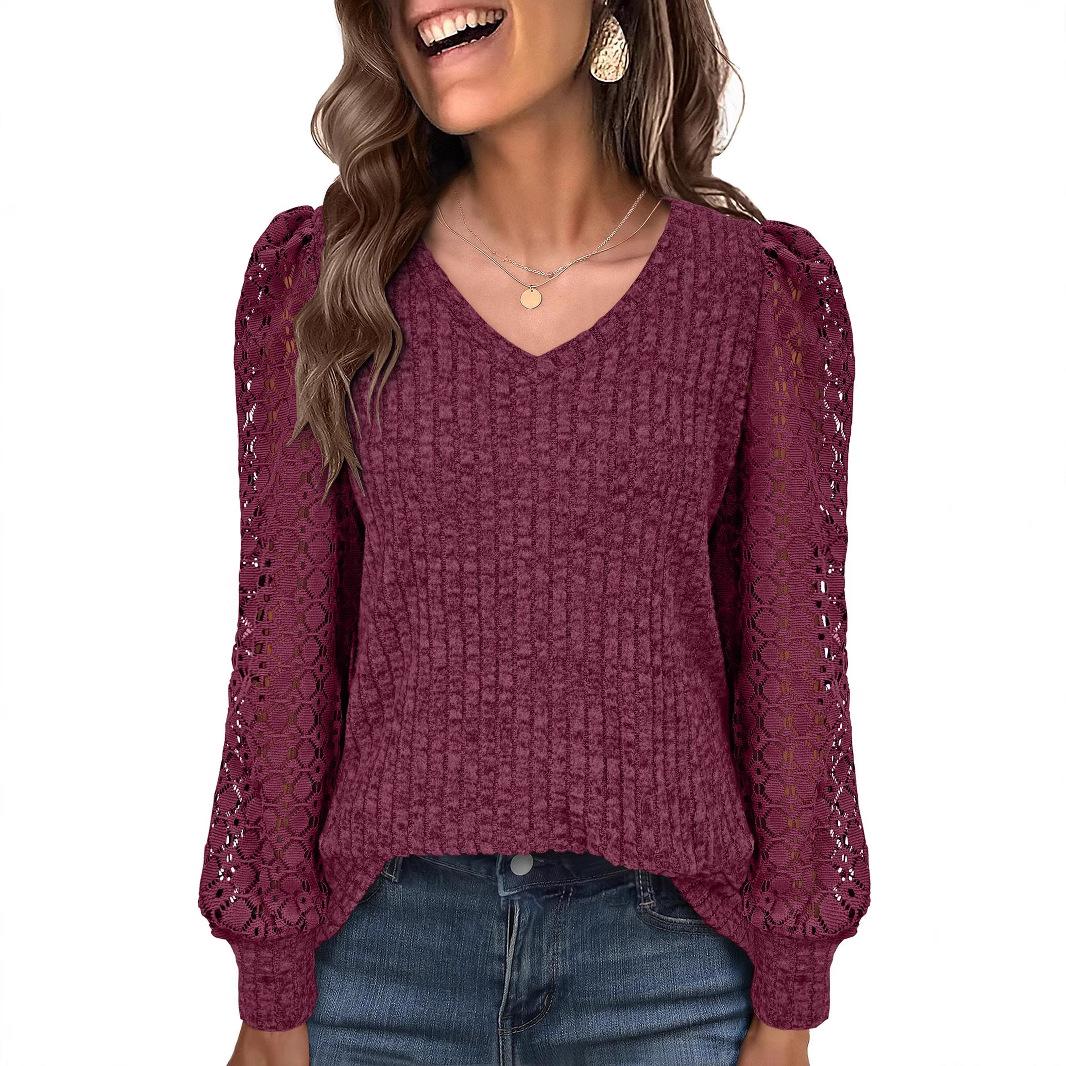 Autumn Women s Patchwork V-Neck Lace Top - Casual Long Sleeve Solid Color Shirt Small вино красного