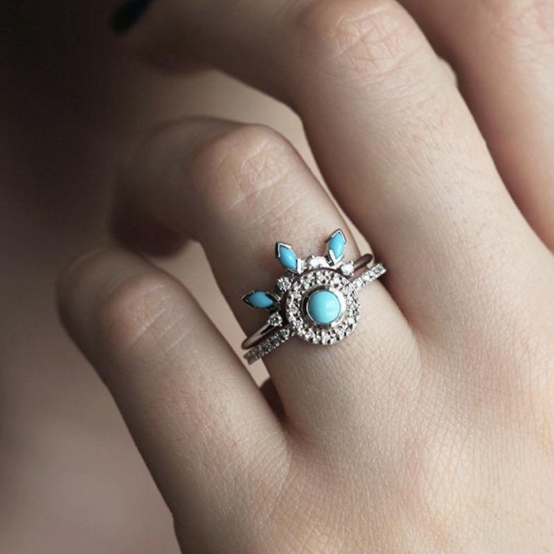 

European and American new personalized antique style French turquoise ring 7&Silver Plated синій