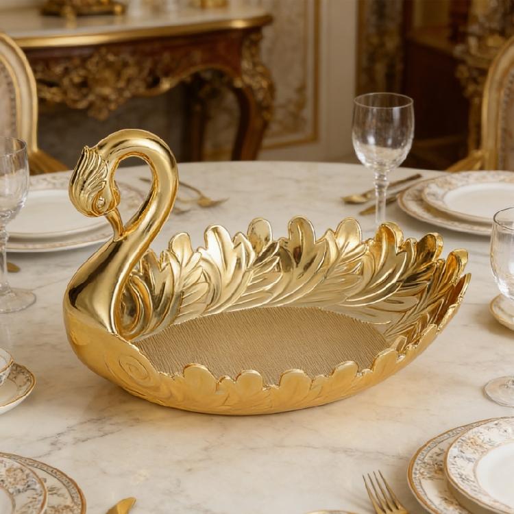 Spacious Zn Alloy Serving Plate Tray Dessert Storage Bowl With Cygnet Shape Detail For Dining And Display Use