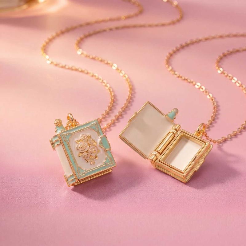 New Fashion Book Opening Pendant Necklace Fashion Princess Fairy Tale Pendant Necklace Enamel Elf Necklace Jewelry Accessory