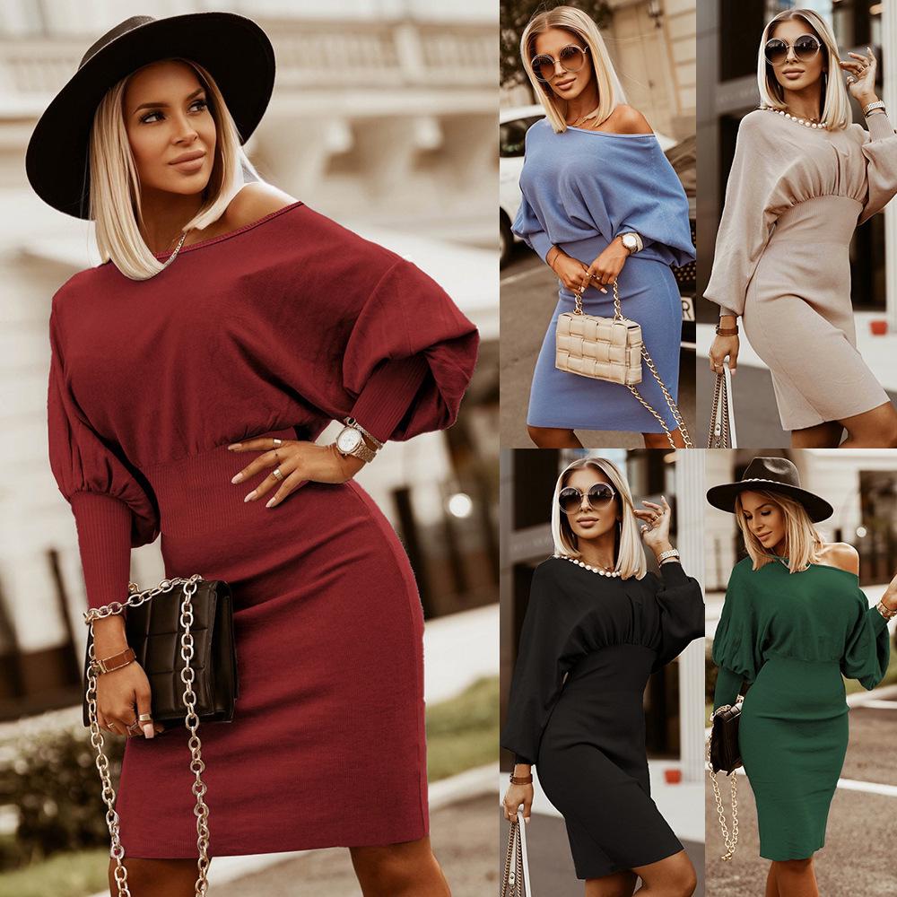 2024 European & American Autumn/Winter Slimming Figure-Flattering Plus Size Knitted Batwing Sleeve Dress