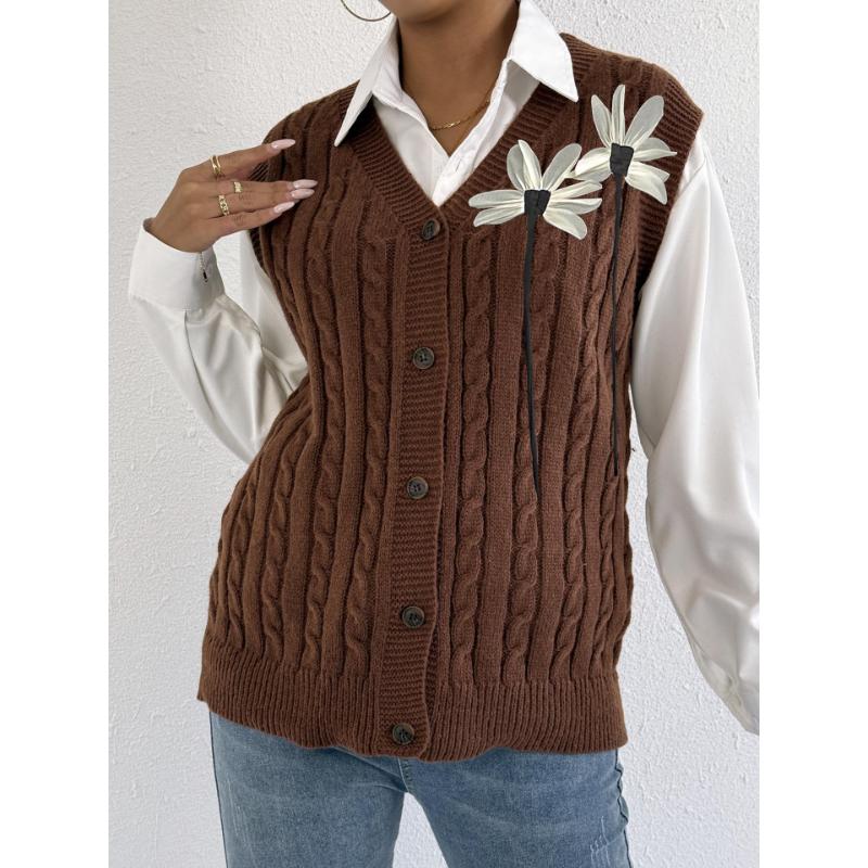 Damen Strickjacke Herbst Winter Damen Lässig Oberbekleidung Zopfmuster Strickpullover Dreidimensionale Blumenstickerei Weste