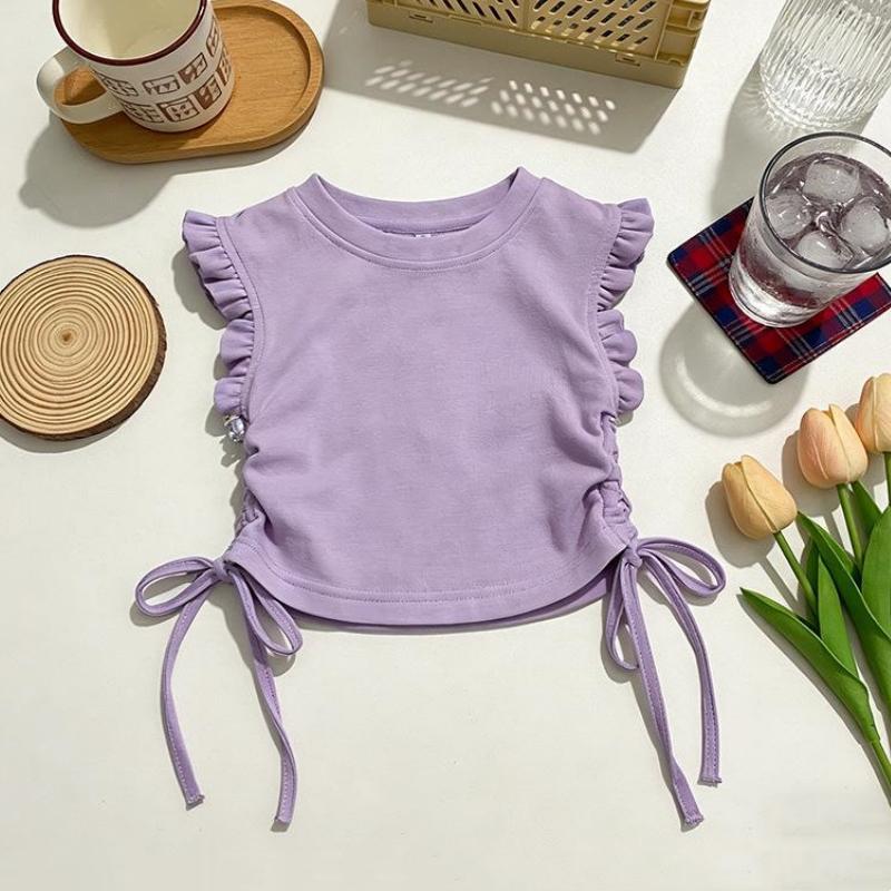Summer Short-sleeve Tops Girls' Clothes Korean Version Basic and Simple T-shirt Children's Clothing Solid Color Sleeveless Top