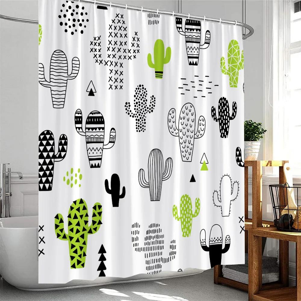 Mexican Style Shower Curtains Cartoon Tropical plants Cactus Bathroom Decor Polyester Fabric Bath Curtain with Hooks Washable