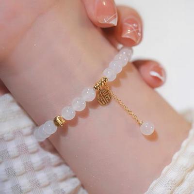 White Jade Fortune Bracelet, Natural Hetian Jade White Jade Bracelet, Chinese Style Long Chain White Jade Bracelet with Fortune Charm, Niche for