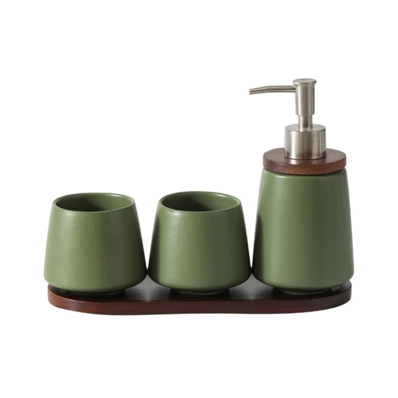 Nordic Design Ceramic Mouthwash Mugs Soap Dispenser Set with Wooden Tray Perfect For Coffee Room Home Toothbrush Storage