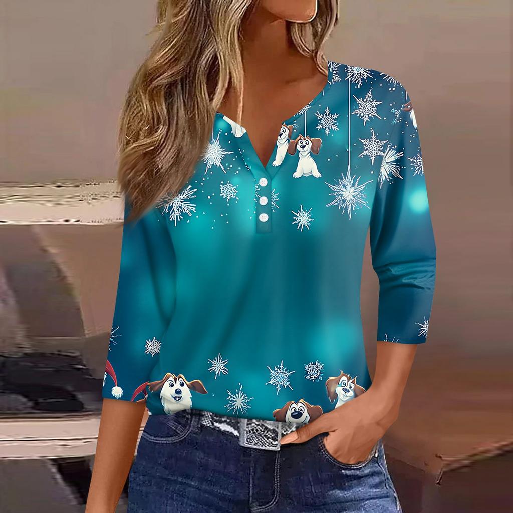 Women's T Shirt Tee Christmas Printed Button 3/4 Sleeve Tunic Daily Weekend Fashion Basic V- Neck Regular Top