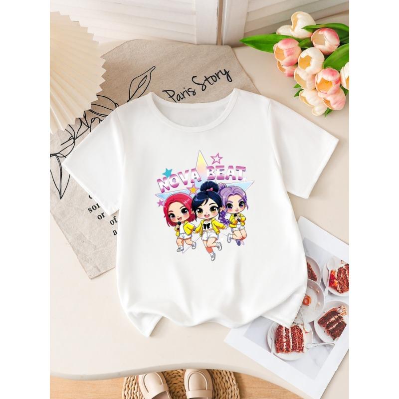 Girls  Chibi K-Pop Idol Print Short Sleeve T-Shirt Cute Cartoon Girl Group Graphic Tee Kids Summer Casual Top 110