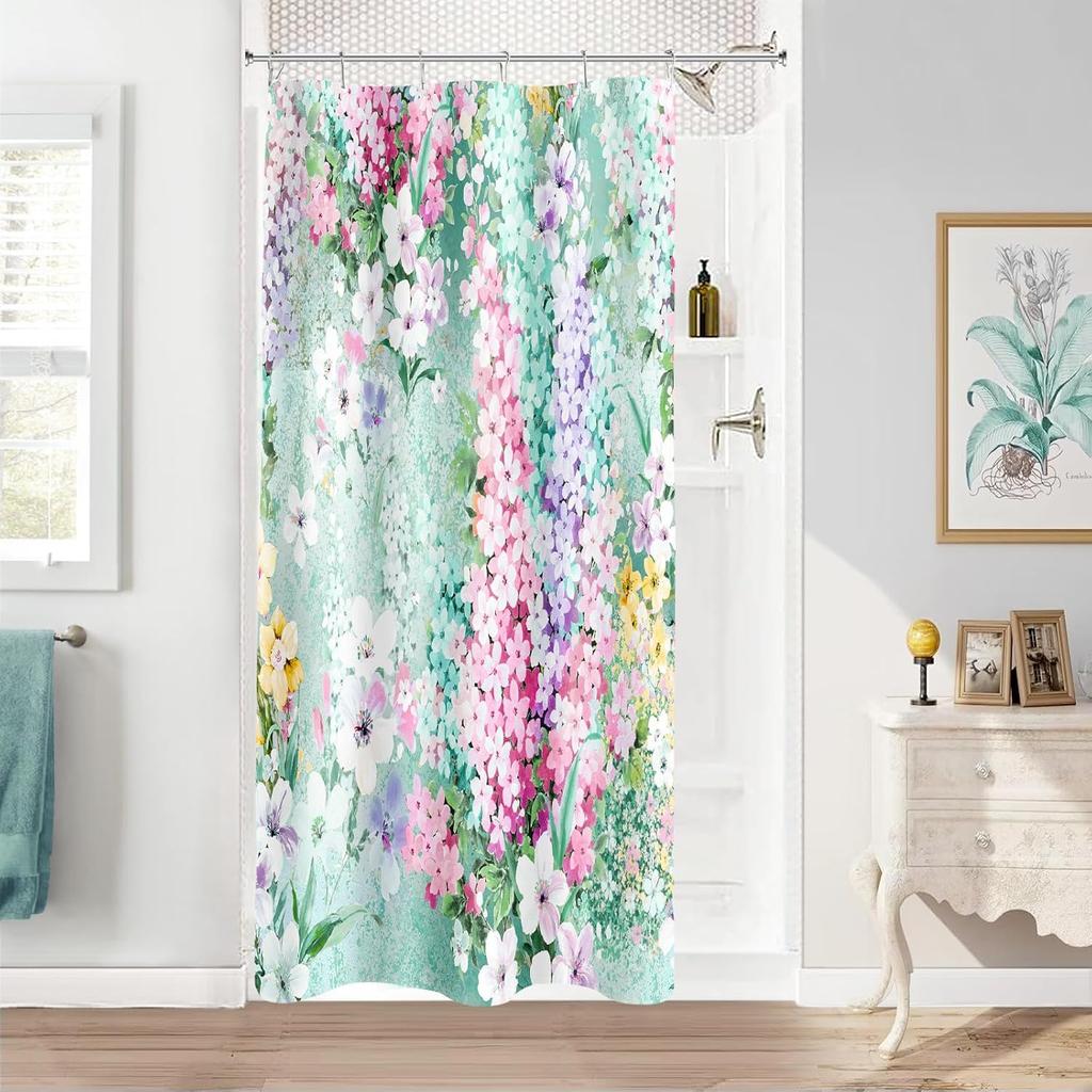 Purple Floral Shower Curtain,Colorful Flower Fabric Shower Curtain for Bathroom, Pretty Funky Watercolor Cloth Shower Curtain