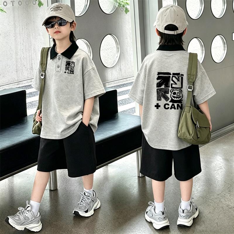 Boys' Cotton Lapel Short-Sleeve T-shirt Set: Stylish Color Block POLO Two-Piece for Summer – Medium & Large Sizes