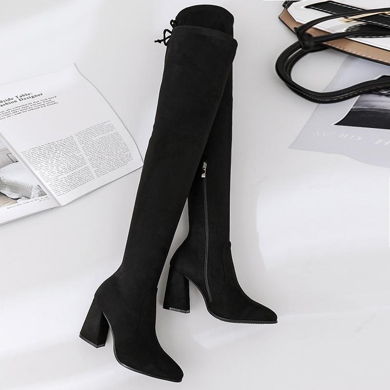 Höst och vinter spetsig tjockklackad högklackad känga dam knähög känga mocka elastisk tunn känga hög tunn känga