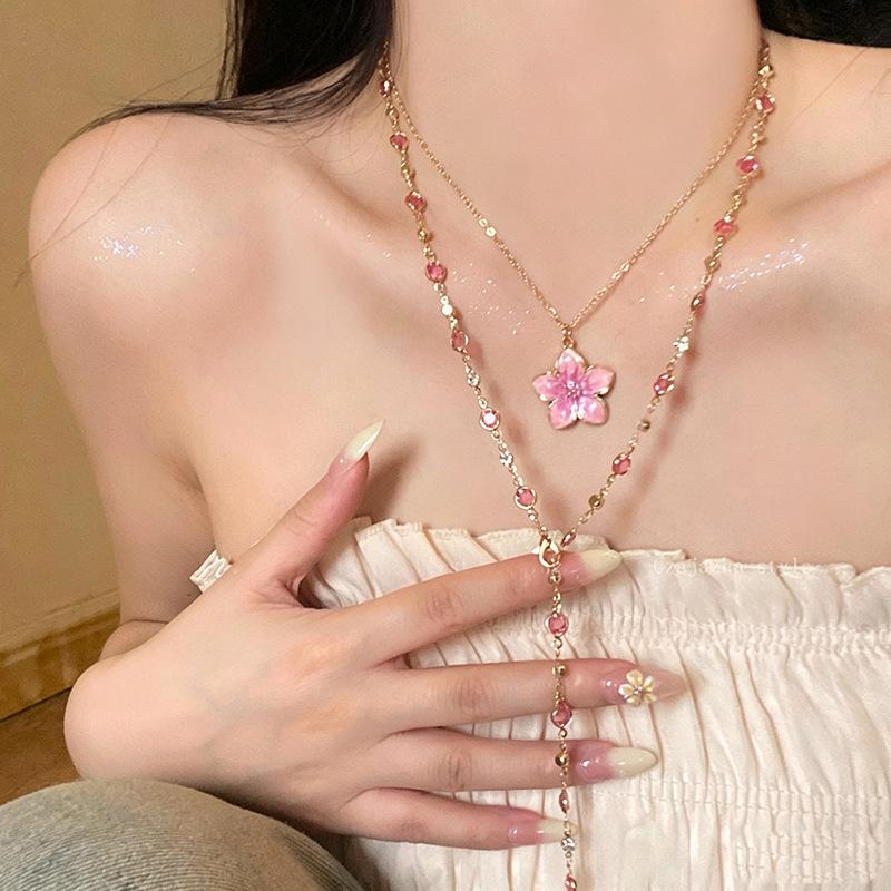 Flower Pendant Layered Necklace Gold Plated Colorful Chain Choker Y2K Aesthetic Jewelry For Women
