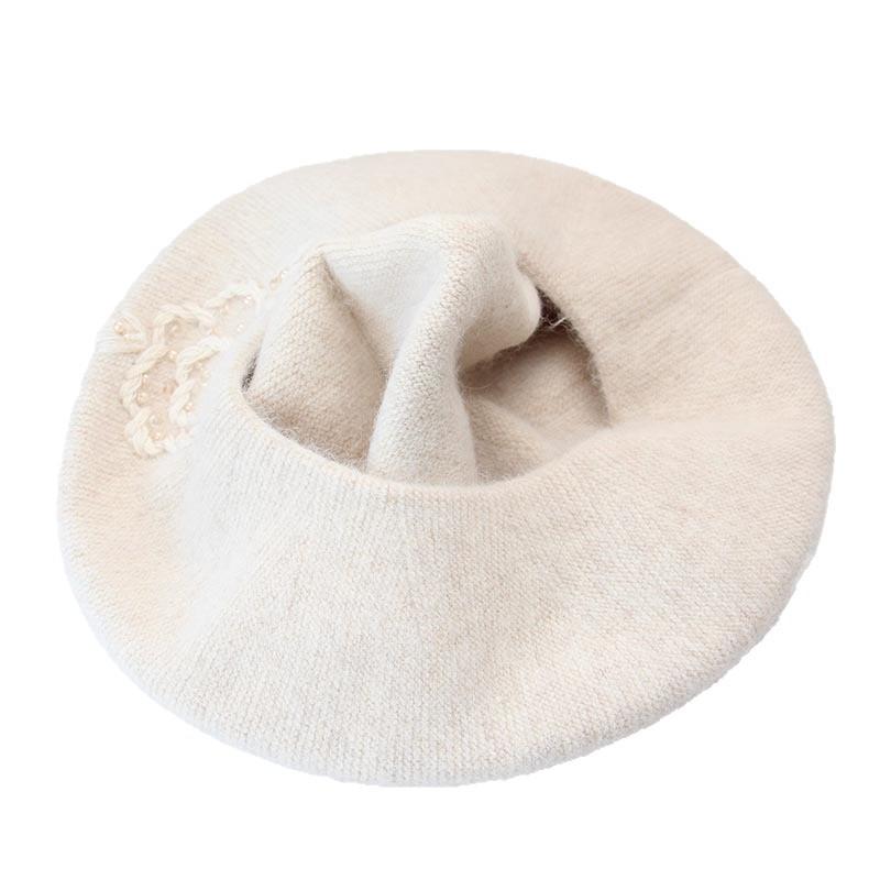 Handmade Beaded Flower Beret Women's Autumn and Winter Rabbit Cashmere Double-layer Knitted Hat Fashionable and Elegant Warm Temperament Thread Hat