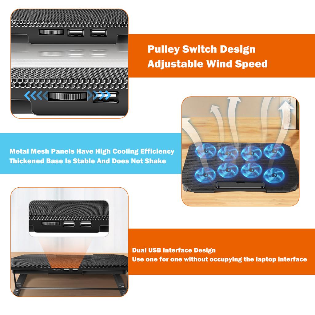 Laptop Cooling Fan Suitable For 10 15.6 Inch Laptops With 4 Height Adjustable Fan Strength And Two Usb Ports