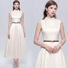 Elegant Sleeveless Round-Neck Slimming Satin A-Line Maxi Dress for Women Vintage Solid Mid Length Prom Birthday Party Formal Dress