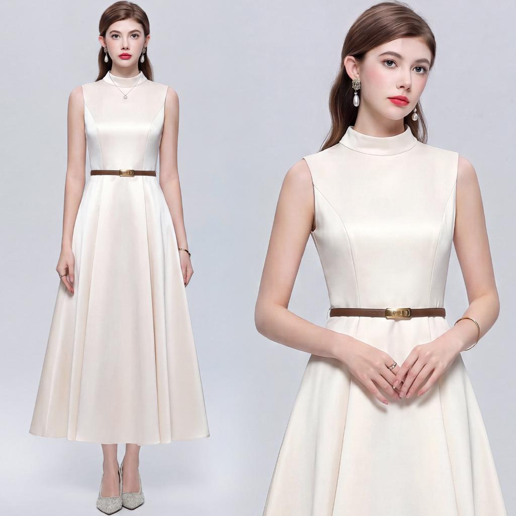 Elegant Sleeveless Round-Neck Slimming Satin A-Line Maxi Dress for Women Vintage Solid Mid Length Prom Birthday Party Formal Dress