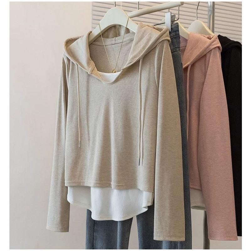 Rosa Faux Zweiteiler Kapuzenpullover für Damen Locker Lässig Pullover