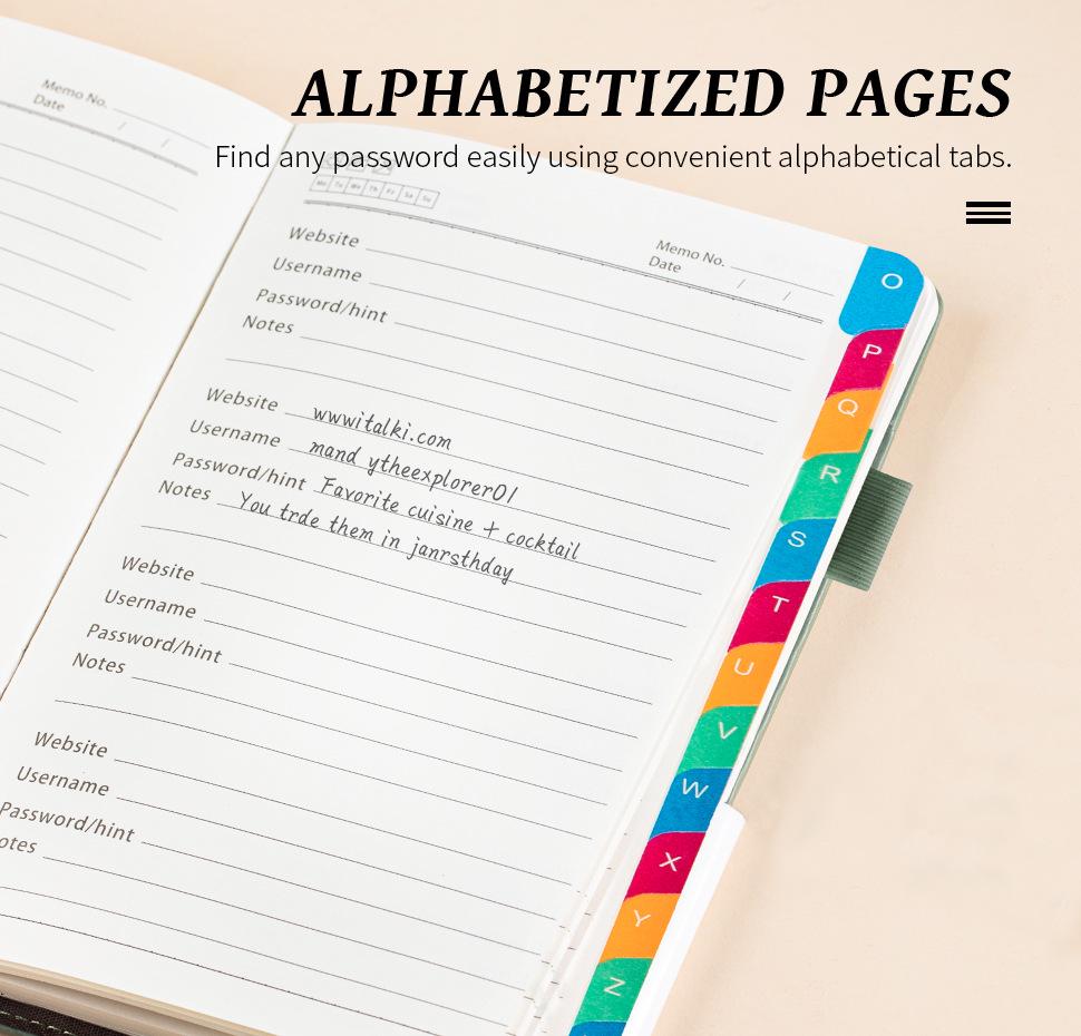Cross-border A5 Password Notebook with Letter Labels for Account and Website Management