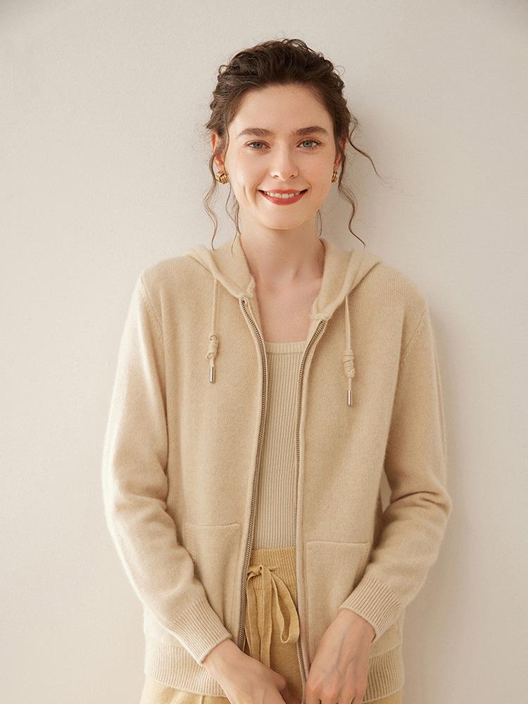 Damen Kapuzen-Kaschmir-Strickjacke mit Kordelzug - Lässige Unifarbe, Lockerer Schnitt, Langarm, Reißverschlussjacke für 2025