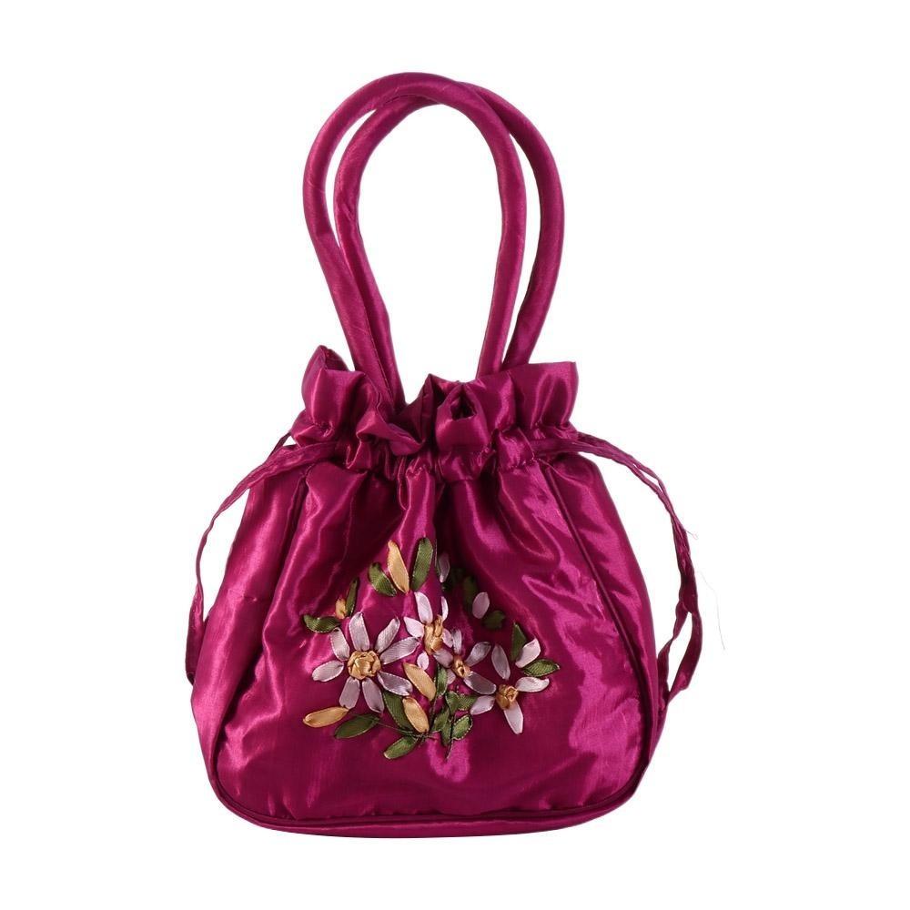 Satin Silk Hanfu Drawstrings Bag Leaf Small Purse Wallet Fashion Embroidery Flower Handbag Daily