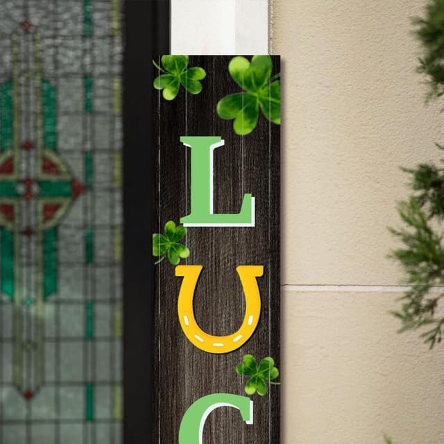 St. Patrick's Wooden Porch Decor 8”x48” Lucky Sign with Shamrock Porch Leaner Welcome Porch Sign for St. Patrick's Day Standing Hanging Home