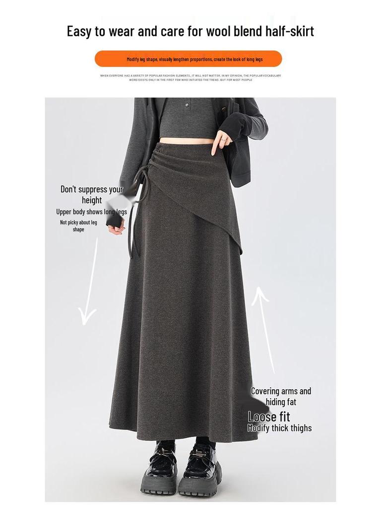 2025 New Design Women's Irregular Gray Woolen A-Line Tie-Up Long Skirt for Autumn/Winter