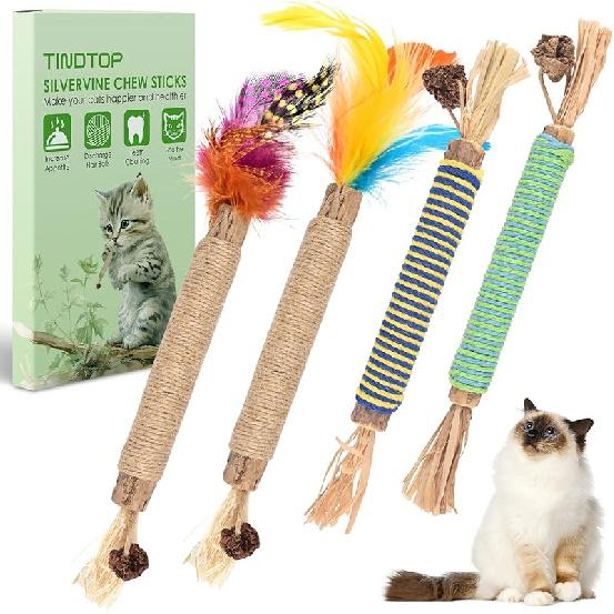 TINDTOP Catnip Chew Toys for Cats, 12 Pack Natural Silvervine Sticks for Kittens Teeth Cleaning, Matatabi Dental Care, Increase Appetite, Calm Cat 4 Pack