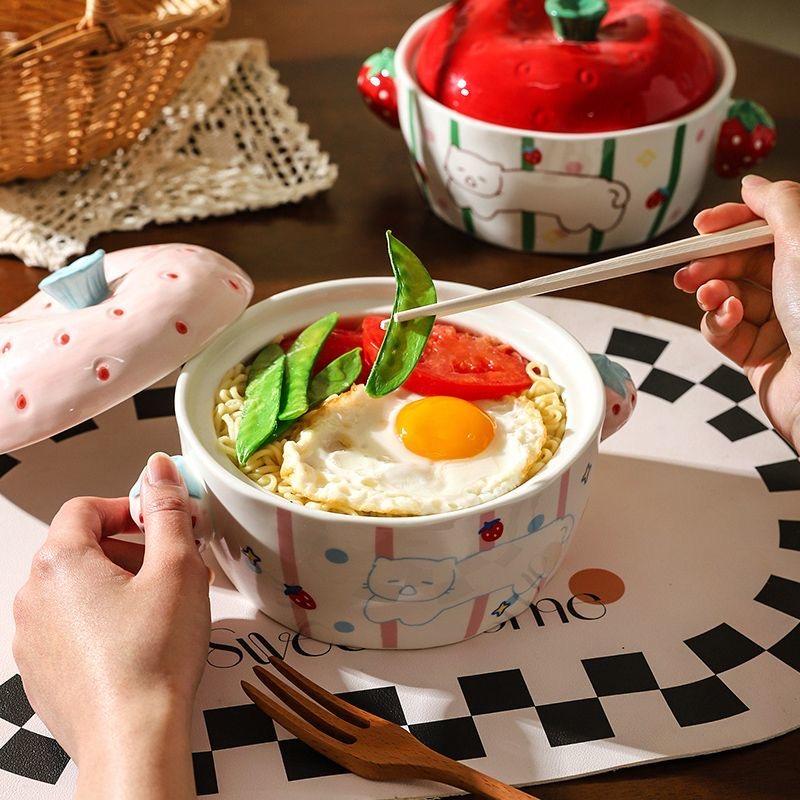 Süße Keramik-Ramen-Schüssel mit Deckel, Nudelsuppenschüssel für Zuhause & Studenten