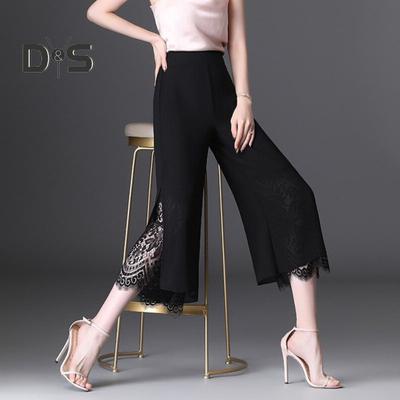 Ladies Cropped Pants Lace Patchwork Solid Color High Waist Straight Thin Side Split Mid Calf Length OL Commute Style Women Trousers
