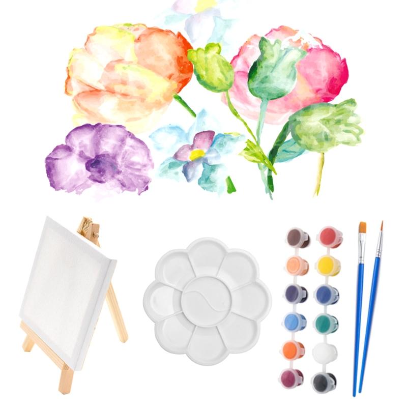 Painting Canvas and Easel Set for Children Boy Girl with Acrylics Paint Paintbrush Wood Easel and Painting Canvas