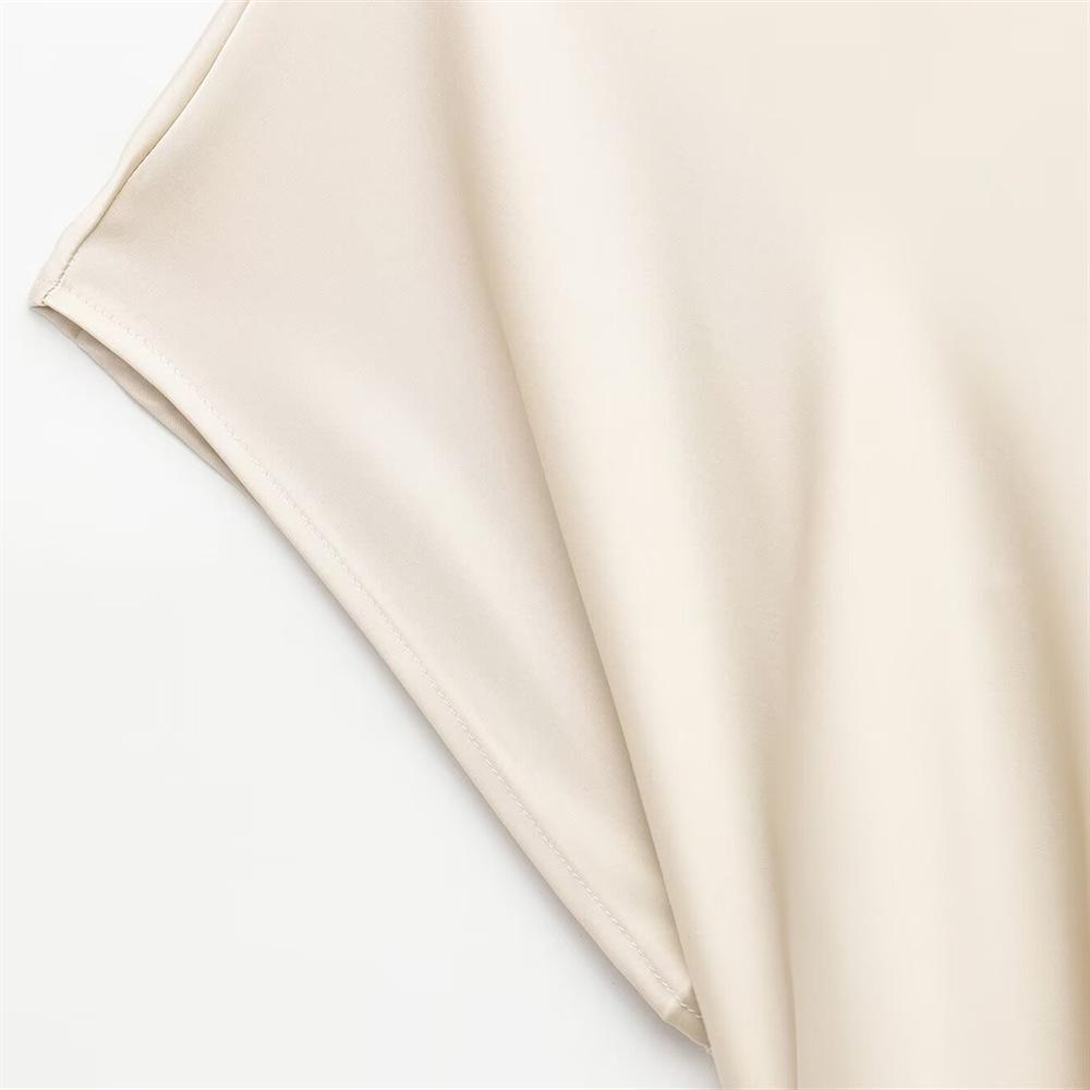 2025 Spring/Summer Women's Silk Satin Pleated Pullover Dress with Round Neck and Short Sleeves