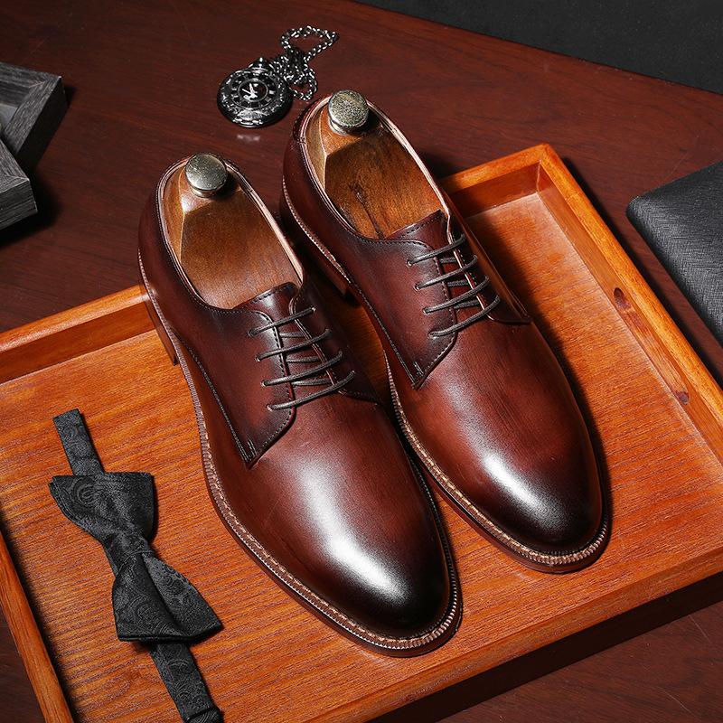 Men'S Shoes Business Elegant Gentleman Shoes Lace-Up Simple Leather Shoes First Layer Cowhide Dress Wedding Shoes Large Size
