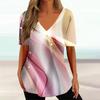 Gradient Stripes Printed V-neck Short Sleeved T-shirt Versatile Comfortable Fashionable Casual Women's T-shirt