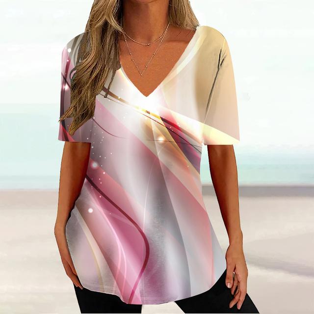 Gradient Stripes Printed V-neck Short Sleeved T-shirt Versatile Comfortable Fashionable Casual Women's T-shirt