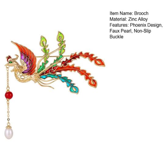 Brooch Retro Style Phoenix Design Lapel Pin with Faux Pearl Tassel Sweaters Collars Hats Bags Coats Scarves Badge Outfit Accessory