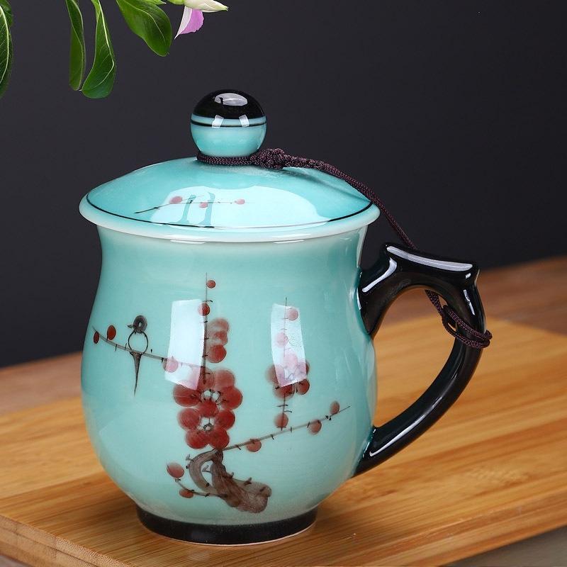Hand Painted Celadon Tea Cup with Lid Ceramic Mug Office Home Gift Personal Drinking Cup