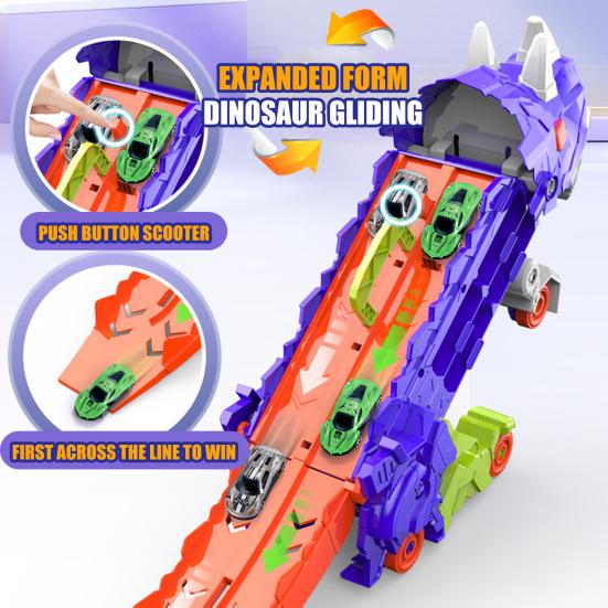 1 Set Dinosaur Swallow Truck Toy with Small Alloy Car Foldable Track Portable Handle Inertial Drive Dinosaur Container Carrier Vehicle Toy Boys Girls