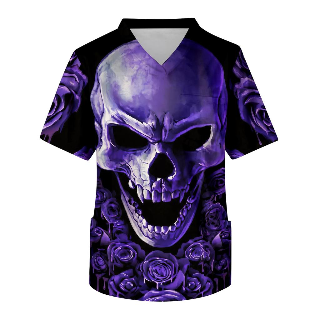 Men's V-Neck Short Sleeve Scrub Top with Print and Chest Pocket for Halloween