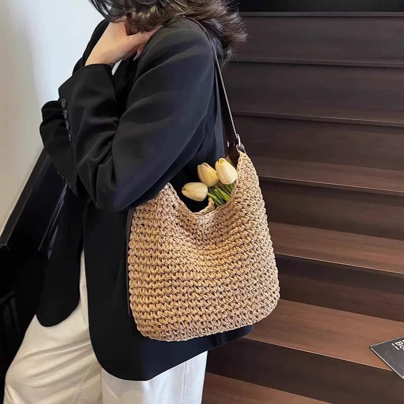 

Lazy Relaxed Woven Bag Seaside Vacation Tot Straw Large Capacity Shoulder Beach 33x35x3cm