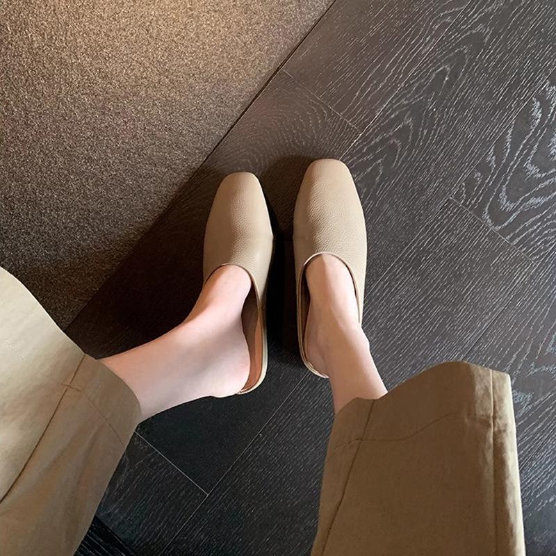 Soft To Fried~ Imported Li Pattern Soft Leather Square Head One Pedal Flat Shoes Muller Row Slippers Women's Half Drag