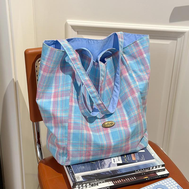 

Bag Korean Lazy Wind Underarm Bag Women s 2025 New Lattice Tote Bag Large Capacity Double-sided Tote Bag синий