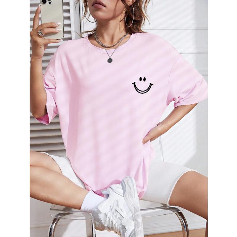 Happy Expression Printed Womens Cotton Short Sleeve Street Hip Hop Tee Clothing All-math Breathable Tops Crewneck Woman T-Shirts