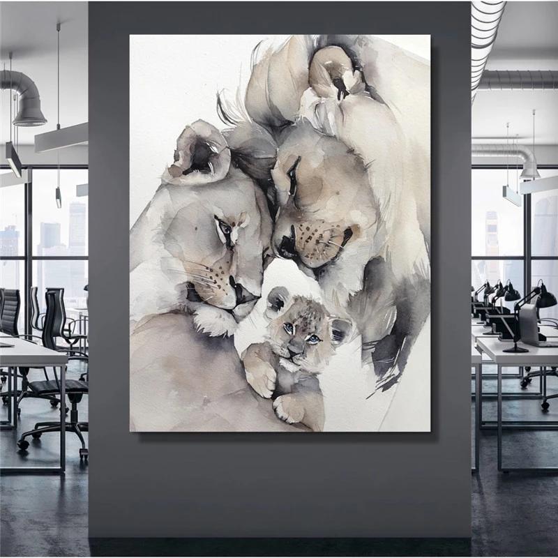 Modern Animal Loving Lion Family Canvas Painting Posters  Prints Wall Art Pictures for Living Room Home Wall Decoration Cuadros