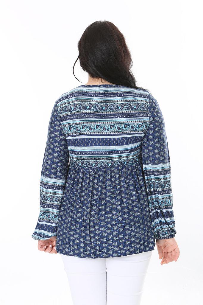 Damen Übergröße Bluse Plus Size Blau Kusskragen Taille Elastisch Detaillierte Bluse