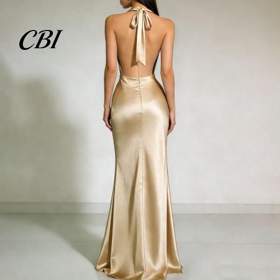 Alltagskleid Damen Sexy Rückenfreies Maxikleid, Tiefes V-Ausschnitt Ärmellos Bequemes Neckholder Satin Lang Formelles Abendparty Meerjungfrauen-Kleid Einfarbig