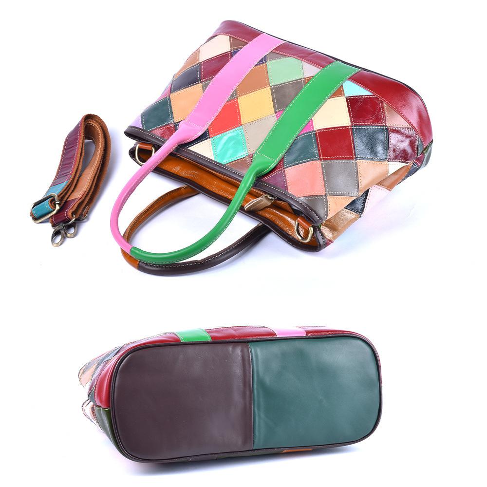 Leather Tote Bag First Layer Cowhide Checkered Splicing Women'S Bag Contrasting Bag Women'S Fashion Handbag Shoulder Messenger Bag